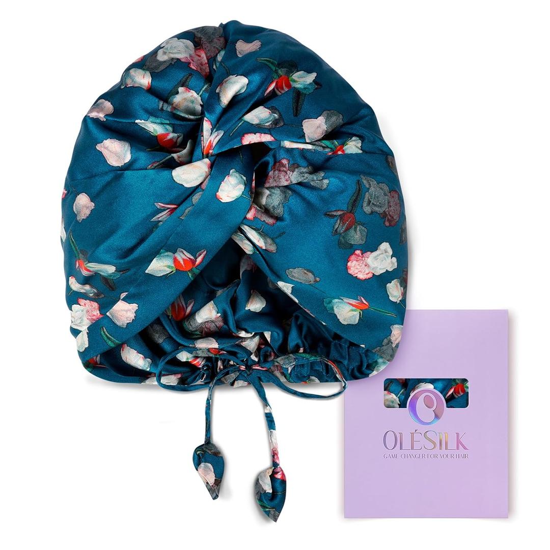 OLESILK Silk Bonnet for Sleeping Women: 100% Mulberry 22 Momme Silk, Adjustable Fit for Night Hair Care, No Frizz for Curls, Royalblue (One Size, Pattern 6)
