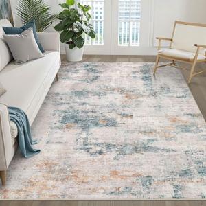 5x7 Area Rugs Living Room: Washable Large Neutral Aqua Brown Rug Abstract Soft Modern Stain Resistant Indoor Floor Non-Slip Carpet for Bedroom Nursery Kids Office Playroom Dining Room Under Table