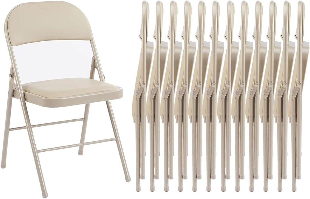 Sweetcrispy Folding Chair 12 Pack, Leather Padded Folding Chairs, Sturdy Metal Foldable Chairs, Easy to Use and Store, Outdoor and Indoor, for Home, Office, Party, Comfy (Kahki)