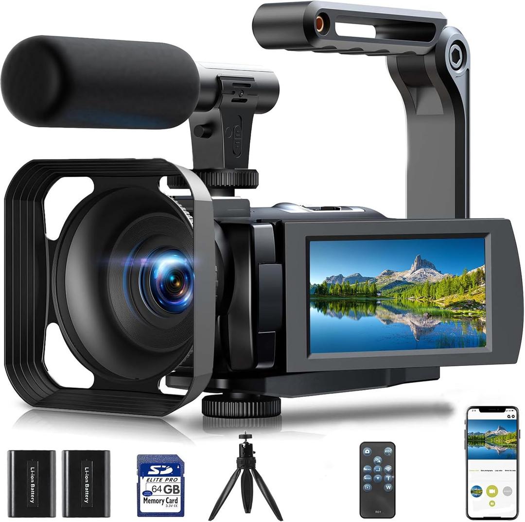Camcorder Video Camera, 5K Video Cameras for Filming Night Vision Vlogging Camera for YouTube with 3" Touch Screen, Digital Camcorder with 16X Zoom Wifi Microphone Remote Tripod 64GB Card 2 Batteries
