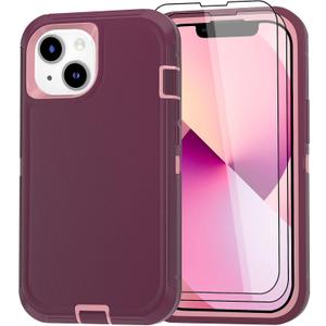 Case for iPhone 13 Case 6.1" with 2 Screen Protector, Full Body Heavy Duty Military Grade Cover, Shockproof/Drop Proof Protection Phone Case (Wine Red Pink)