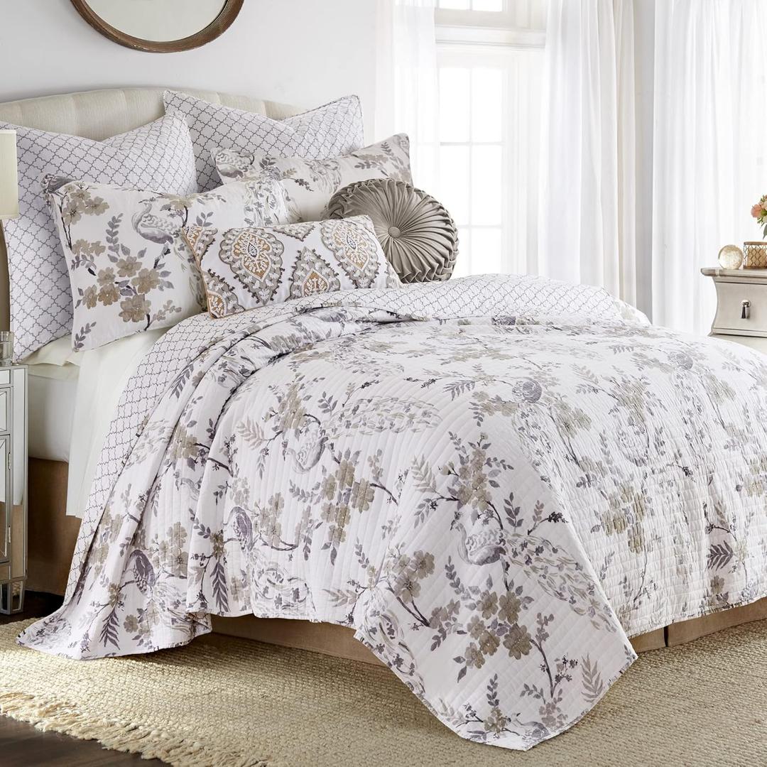 Levtex Home Pisa Reversible King/Cal King Quilt Set (106x92in) with 2 Pillow Shams (36x20in) - Floral Peacock - Grey, Taupe - 100% Cotton King Size Quilt Bedding Set - Lightweight, Soft, Pre-Washed