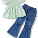 XUANHAO Toddler Girls Clothes Puff Sleeve Smocked Shirt Flare Jeans Pant Outfits for Girl Bell Bottom Kids Girls Clothing Set
