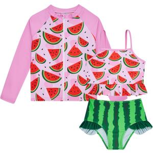 Funnycokid Girls Swimsuit Kids Bathing Suit Rashguard Swimwear Long Sleeve 3 Piece Toddler 3-7 Years