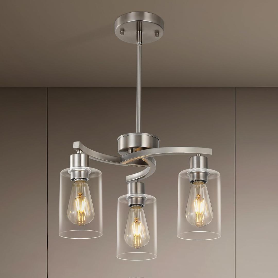 3 Light Brushed Nickel Dining Room Light Fixture,Modern Kitchen Chandeliers Over TableAdjustable Height Industrial Hanging Pendant Lights for Kitchen Island with Glass Shade