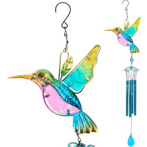 35" Blue Hummingbird Wind Chimes, Indoor Outdoor Glass Painted Mobile Chime for Patio, Balcony, Garden, Yard, or Home Window Decoration, Lifelike Stained Metal Style with Deep Tone Music, Lawn Hanging