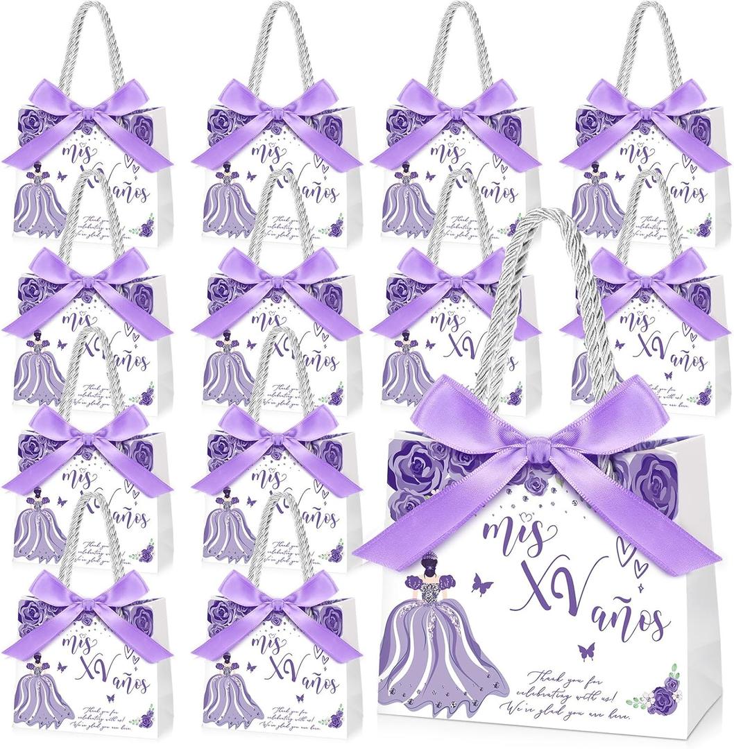 Skyygemm 25 Sets Quinceanera Gift Bag with Handles Quinceanera Party Favors for Guests Small Candy Bag with Bow Ribbon Decoration Sweet 15 Birthday Party Favor (Purple)
