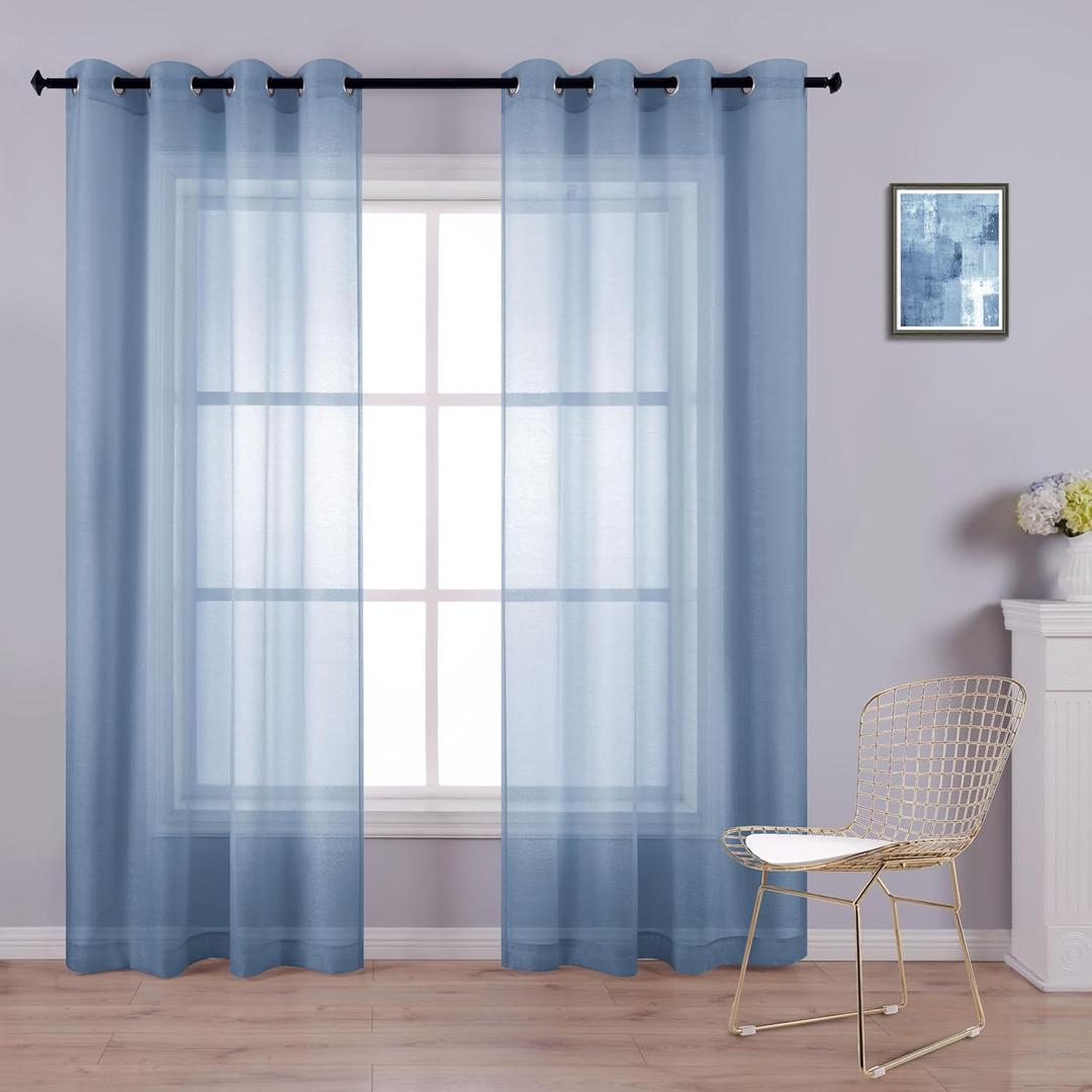 KOUFALL Dusty Blue Grommet Faux Linen Sheer Curtains 52x90 Inch Length