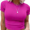Allimy Womens Summer Short Sleeve Slim Fitted Tshirt Round Neck Ribbed Crop Tops (Pink)