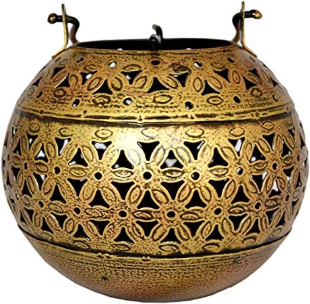 eTroves Handmade Moroccan Lanterns Hanging & Table Top Tea Light Candle Holder Round Tealight Stand for Indoor Outdoor Golden Hanging Tea Light Holder (Yellow)