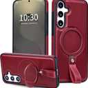 for Samsung Galaxy S25 and S24 Leather Case with Stand, Anti-Slip Grip Ring, Fits for MagSafe (Burgundy, S25/S24-6.2inch)