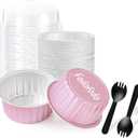 25PCS Round Mini Loaf Pans with Lids,Mini Cake Pans with Lids,Disposable Ramekins Baking Cups Muffin Tins Cupcake Cups for Birthday Party Wedding,5oz (Pink)