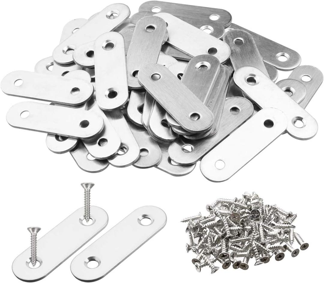Pack of 50 Flat Corner Brace Plates Metal Joining Plates Connector Repair Bracket with Fixing Screws,,1.57inchx0.6x0.08 inch-2 Holes,Stainless Steel, Silver Color