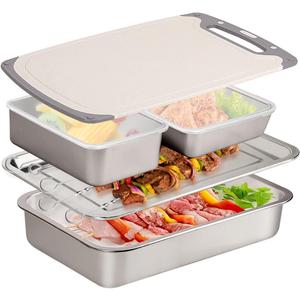 Grill Prep Trays Set Of 5, BBQ Tray, Grilling Prep And Serve Trays, Stainless Steel Grill Platter, Include Deep Grilling Platter, Shallow BBQ Serving Tray, 2 Marinade Container With Lids, Cutting Board