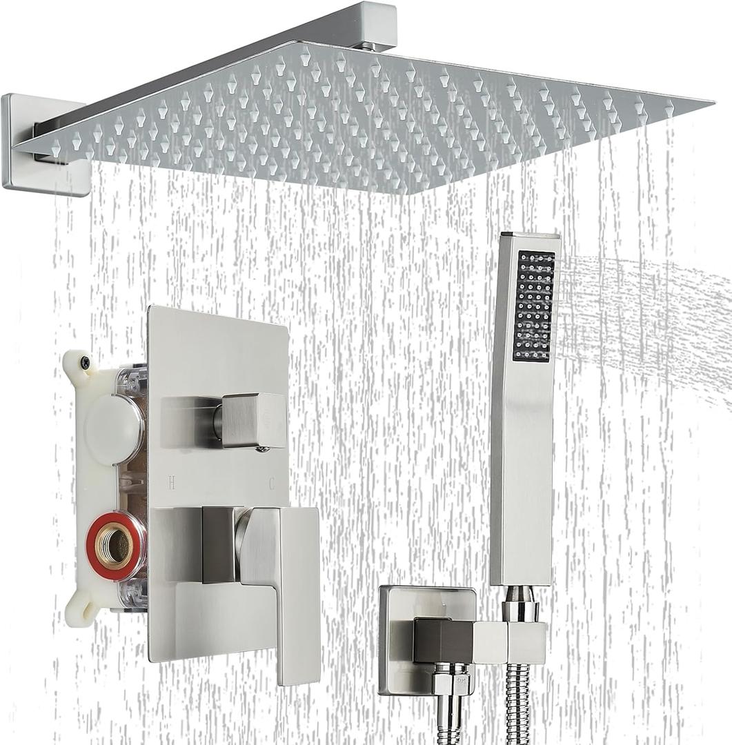 Shower Faucet Set Brushed Nickel Shower System with 12 Inches Rain Shower Head and Handheld Sprayer Wall Mounted Shower Fixture Set with Brass Shower Valve (Brushed Nickel-12")