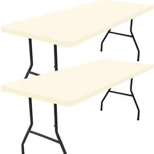 Smiry 2 Pack Rectangle Picnic Table Cloth, Waterproof Elastic Fitted Tablecloths, Washable Polyester Rectangular Patio Table Cover for Camping, Indoor and Outdoor (Beige, 30"x48")