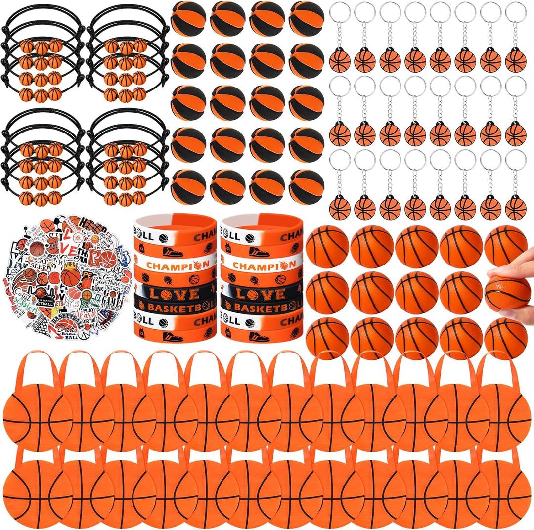 Aoriher 194Pcs Basketball Party Favors Set 24 Silicone Bracelets 24 Charm Bracelets 24 Mini Basketball 24 Keychains 24 Non Woven Gift Goodie Bags 24 Erasers 50 Sticker for Sports themed Party Supplies