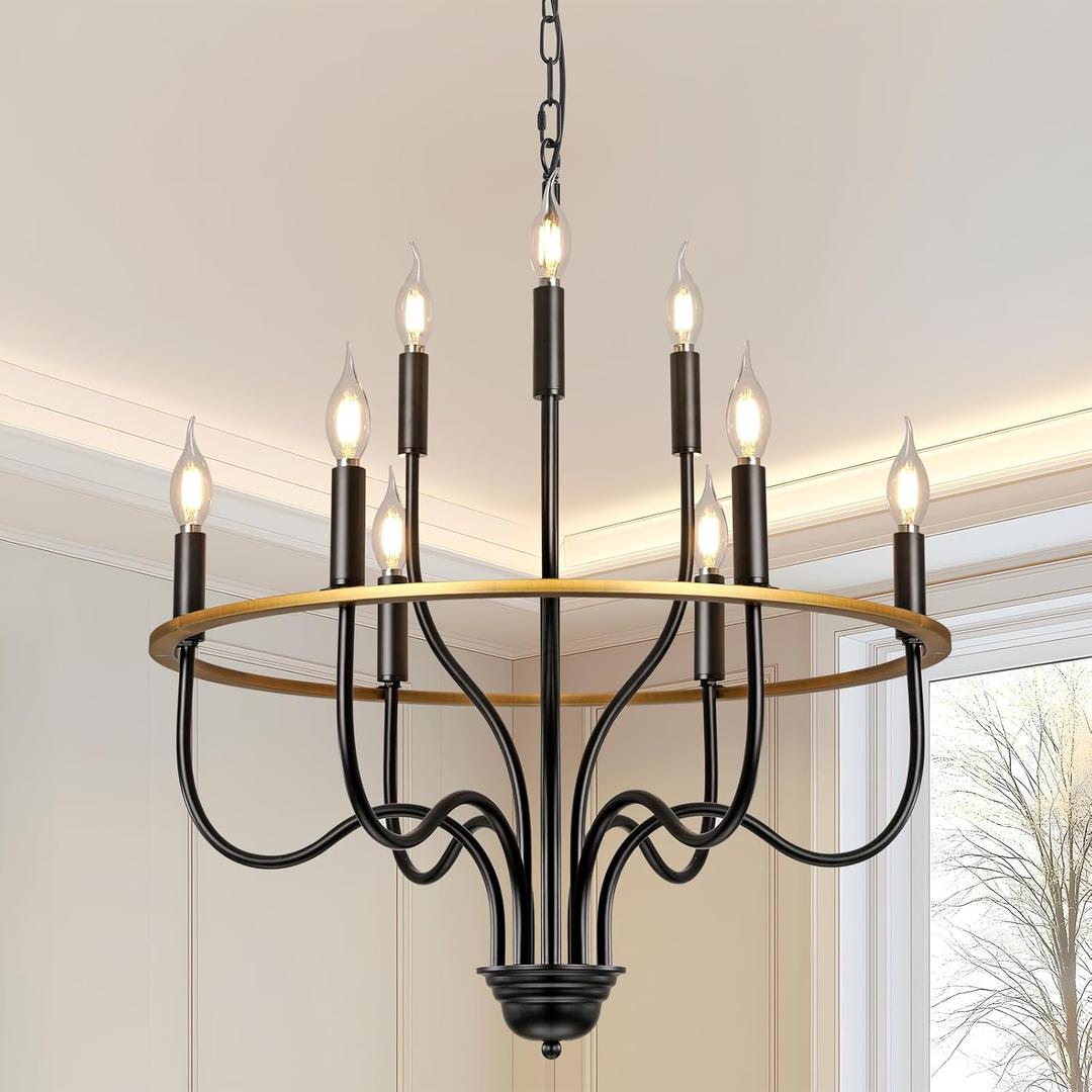 Black Wagon Wheel Chandelier for High Ceilings,Farmhouse Chandelier for Dining Room Height Adjustable,r for Hallway Living Room Foyer,E12 Bulb.