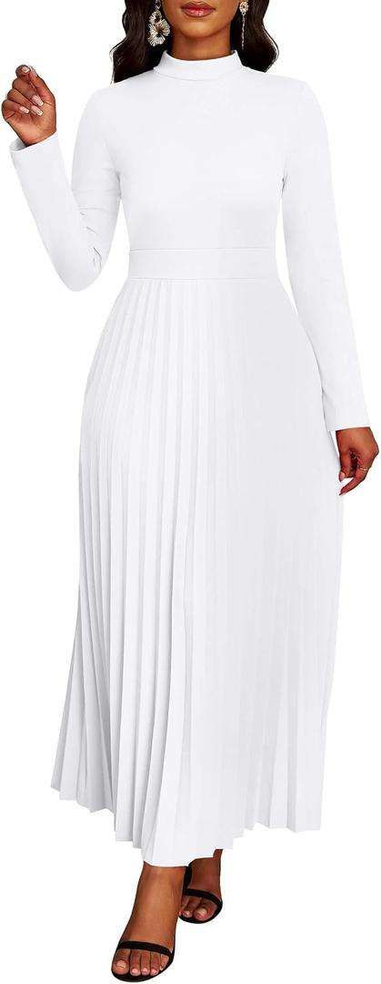 Nmoder Maxi Long Dress for Women, Casual Pleated Empire Waist Dresses Crewneck Long Sleeve (White, XL)