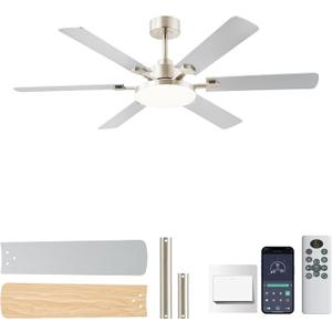 NKPU 56 Inch Ceiling Fans with Lights, Large Modern Nickel Ceiling Fan with Light and Remote Control, 6 Double Sided Blades, 6 Speed DC Motor, Dimmable LED, Silent Timing, Indoor Outdoor Patio Use