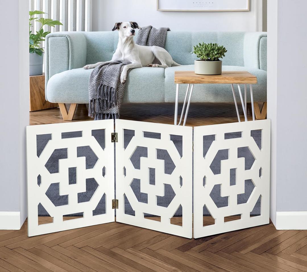 Freestanding Dog Gate Expandable Decorative Wooden Fence for Small to Medium Pet Dogs, Barrier for Stairs, Doorways, & Hallways, Art Deco 46.5"W x 19"H