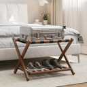 26.77 Fully Assembled Dark Walnut Luggage Racks with Folable Storage Shelf, 5 Heavy-Duty Straps Bamboo Suitcase Stand, Luggage Holders for Guest Room, Bedroom, Hotel (1 Pack)