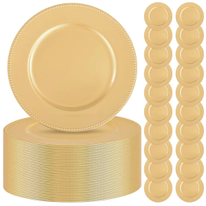 50 Pcs Gold Charger Plates Bulk,13 inch Round Beaded Plate Chargers for Dinner Plates, Decorative Dinner Charger Plastic Table Chargers for Wedding Holiday Party Baby Shower Event Decoration