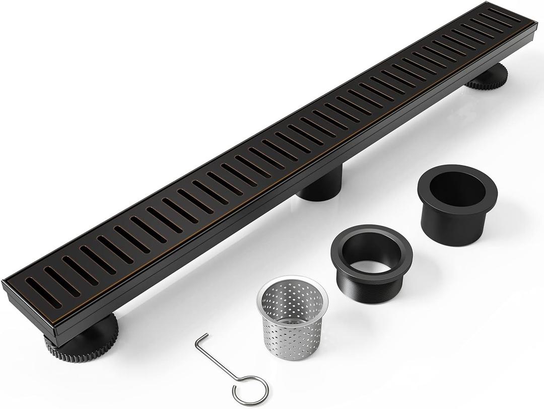 WEBANG 24 Inch Linear Shower Drain Rectangular Floor Drain with Accessories Capsule Pattern Cover Grate Removable SUS304 Stainless Steel CUPC Certified Oil Rubbed Bronze