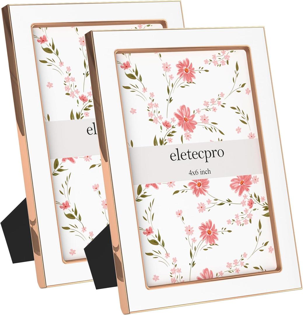eletecpro 4x6 Enamel Picture Frame Set of 2 with Real Glass Cover, White Photo Frame with Rose Gold Metal Edge, Horizontal and Vertical Display Pictures 4x6 for Tabletop, Bookshelf, Wall Decor