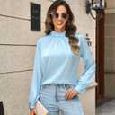 Neweek Womens Satin Blouses Long Sleeve Mock Neck Elegant Pleated Silk Shirts Tops for Business Casual Work (M)