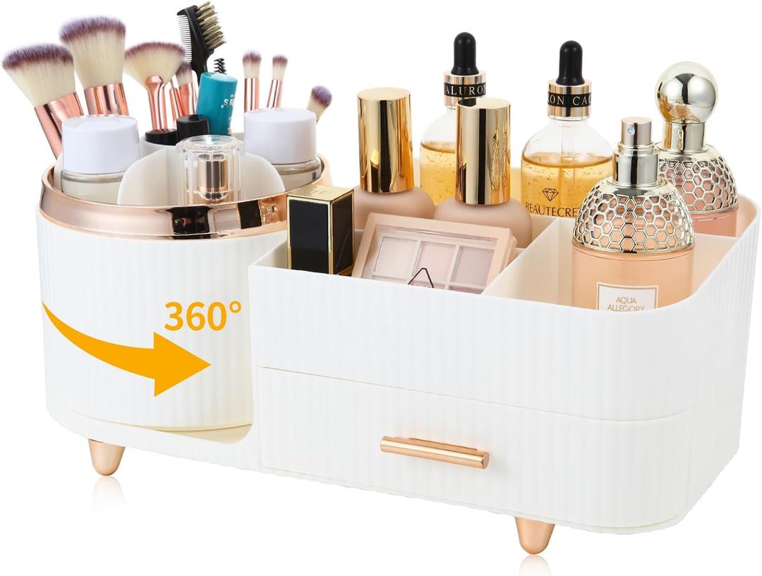 Makeup Organizer Countertop with Drawer 360 Rotating Brush Holder Storage Large Capacity Skincare Cosmetic Display Cases for Vanity Bathroom Desktop, Model 3016 White