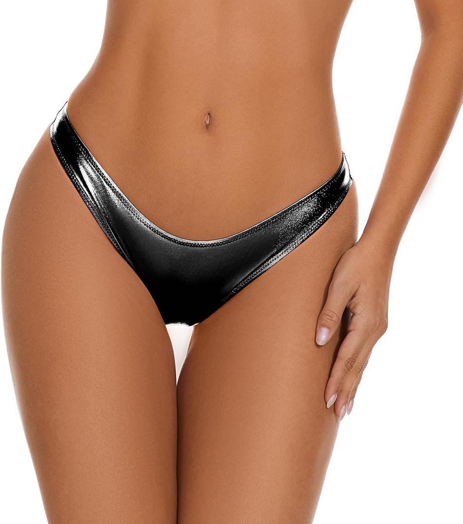Kepblom Women's Rave Bottoms - Metallic Bikini Bottoms Shiny Low Rise High Cut Cheeky for Festival Clubwear Dance Party (Black, XS)