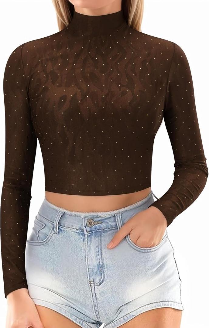 MANGOPOP Women's Short Sleeve Long Sleeve Sheer Mesh Crop Tops Tee Shirt Blouse (Brown, M)