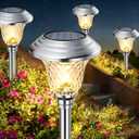 BEAU JARDIN 8 Pack Solar Pathway Lights White+ Color Changing Stainless Steel 3 Mode Outdoor Multicolor Metal Solar Powered Waterproof Glass for Garden Landscape Path Yard Walkway Driveway Silver