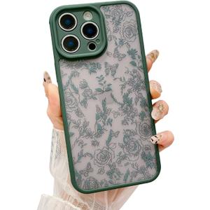for iPhone 13 Pro Max Case, Flowers Butterfly Slim Hard PC Frosted Shockproof Drop Protection Cover, Translucent Matte Floral Phone Case for Women Girls 6.7" - Green