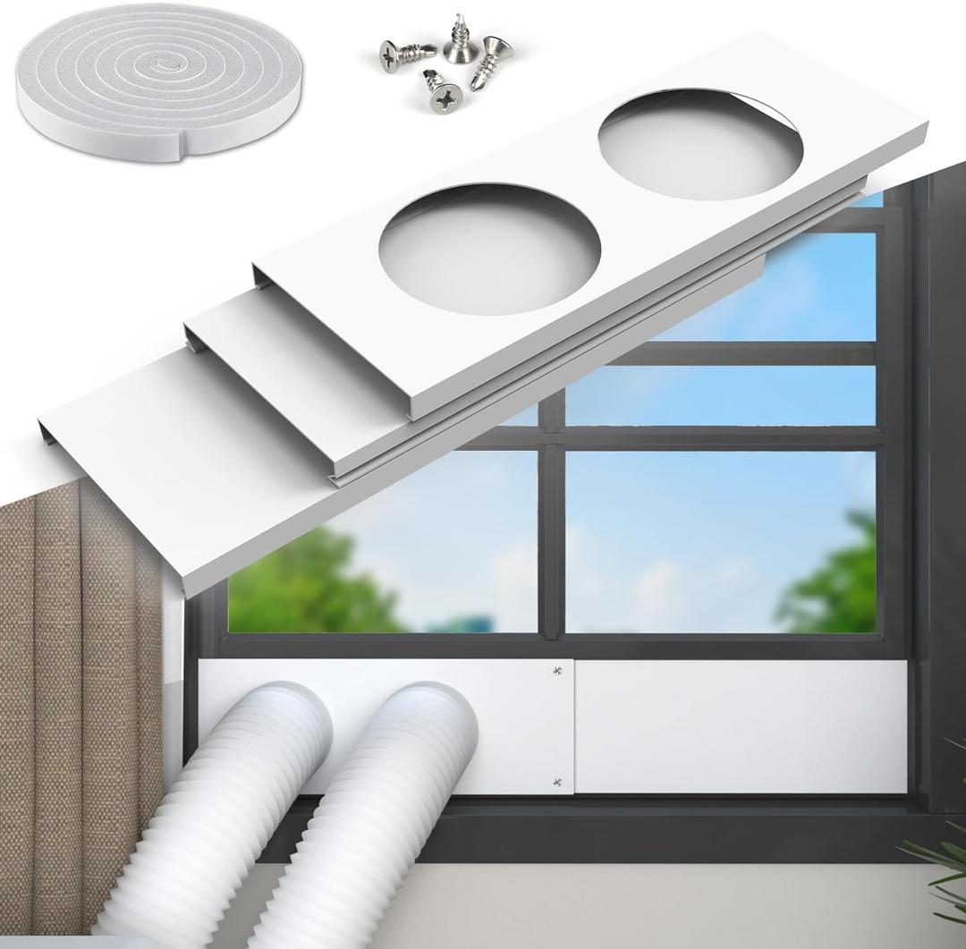 Flamorrow Dual Hose Portable Air Conditioner Window Kit, Adjustable Window Seal Plates for 5" Diameter Exhaust Hose, Sliding AC Window Vent Kit with Foam Seal Strip, White