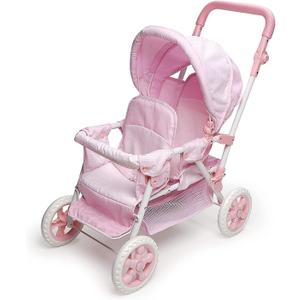 Badger Basket Double Front to Back Stroller for Dolls - Lightweight Foldable Toy Pram with Gingham Fabric Canopy and Storage Basket  Fun Pretend Play for Kids Ages 3 and Up - Pink