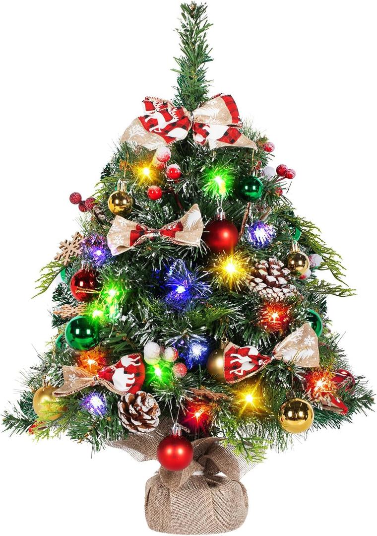 NALONE 24 Inch Mini Christmas Tree with Lights and Timer, Snow Kissed Tabletop Christmas Tree with 36 Pcs Ornaments, Artificial Small Xmas Tree with Pinecones and Red Berries