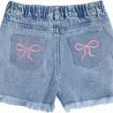WDIRARA Girl's Bow Embroidered Ripped Denim Shorts Elastic High Waisted Raw Hem Jean Shorts