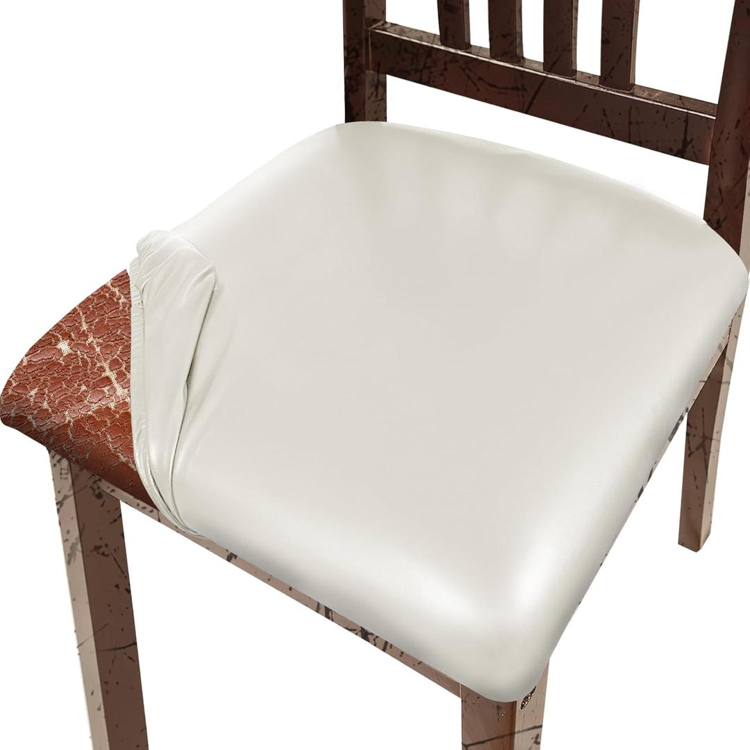 Pu Leather Dining Chair Seat Covers Set of 4, Waterproof Kitchen Chair Covers Stretch Chair Cover for Kitchen/Dining Room/Hotel, Tasteless seat Covers for Chairs (White - 4 PCS)