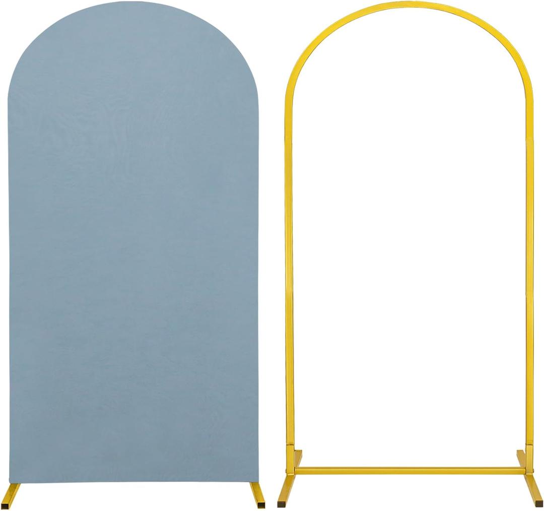 Metal Arch Stand and Cover Set,1 Dusty Blue Spandex Fitted Backdrop with 1 Gold Wedding Arched Stand Frame for Parties Birthday Baby Shower Bridal Banquet Decoration (6.6FT)