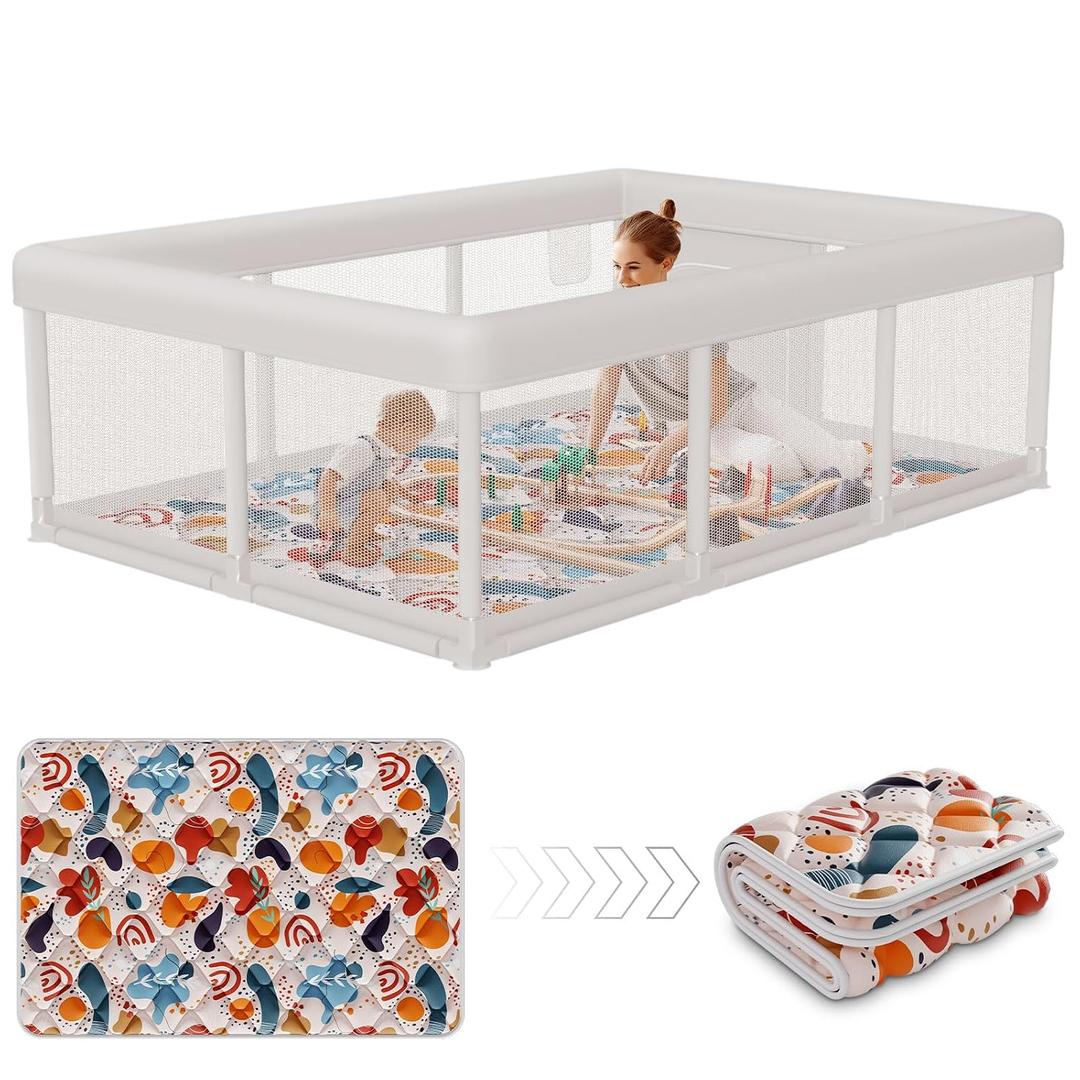Hiaksedt Baby Playpen 74x50 in PlayPen for Babies and Toddlers, Large Play Yards for Indoor & Outdoor with Zipper Gates, Breathable Mesh with Mat