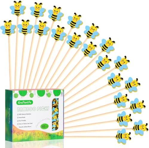100Pcs Bee Cocktail Picks Cute Honeybee Theme Baby Shower Springtime Decor Long Toothpicks Fruit Sticks Skewers for Appetizer Charcuterie Food Garnish, Spring Decorations Themed Party Supplies