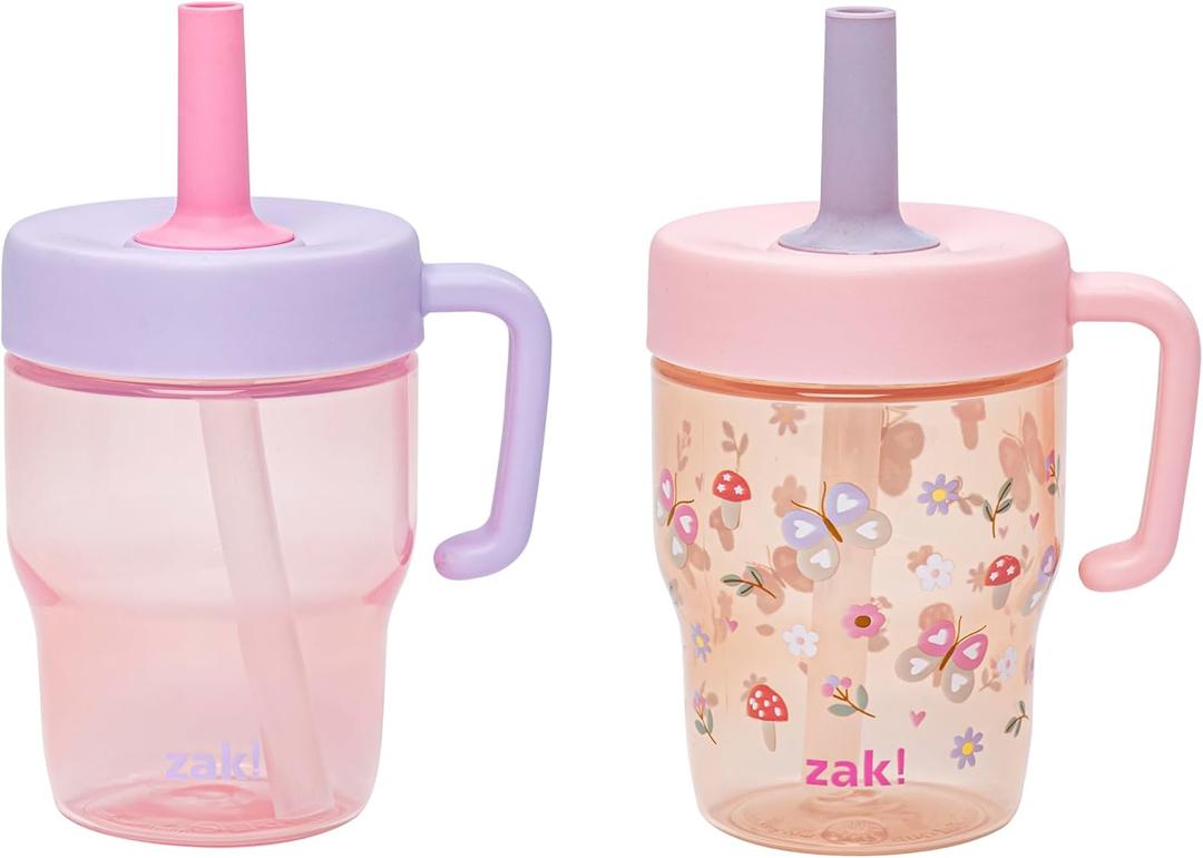 Zak Designs Capri Toddler Tumbler For Travel or At Home, 10oz 2-Pack Durable Plastic Sippy Cups With Handle and Leak-Proof Design are Perfect For Kids (Springtime, Pink)