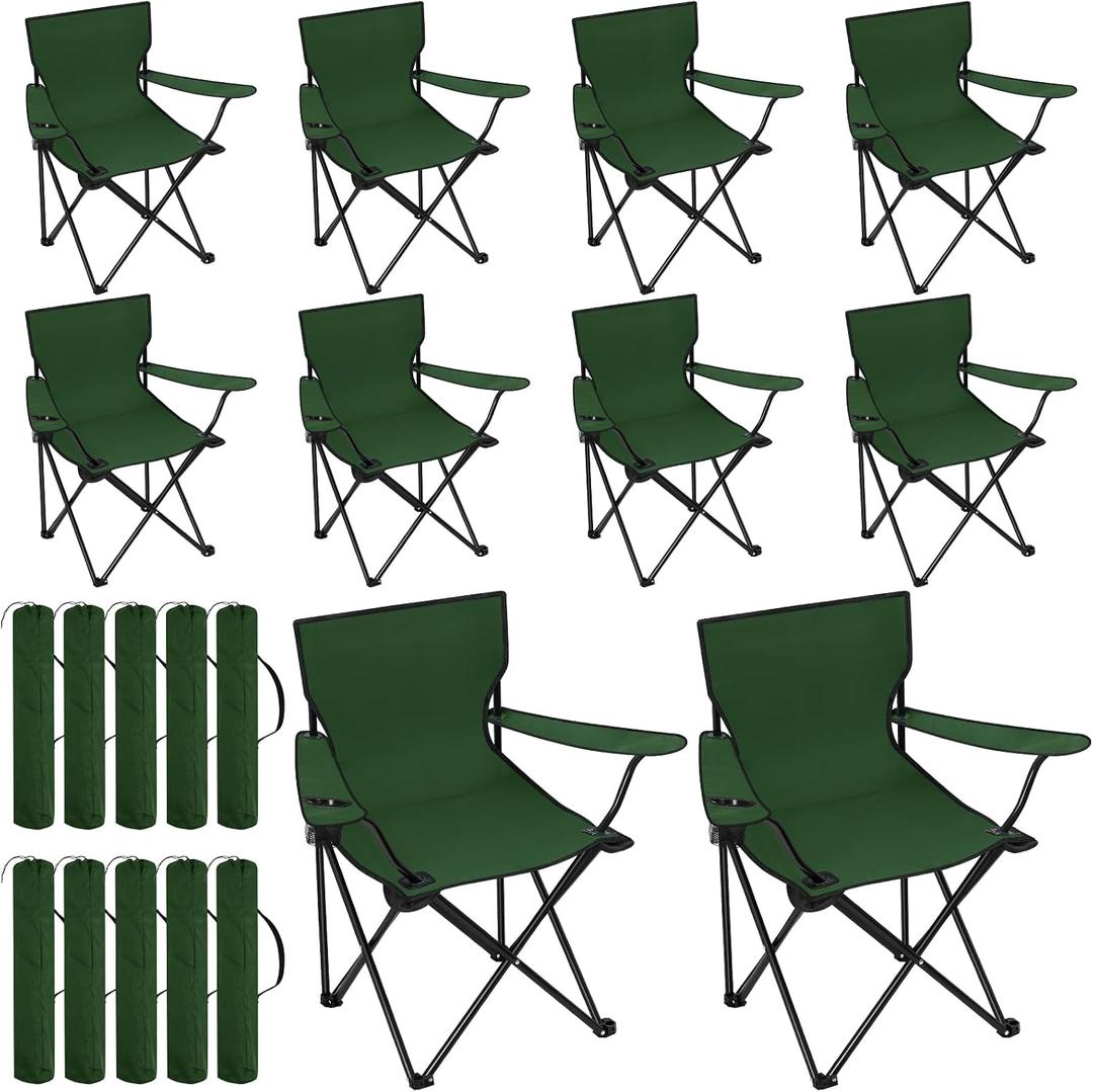 Huwena 10 Pack Folding Camping Chairs with Carry Bags and Cup Holders, Portable Outdoor Lawn Chairs Bulk for Sports Games, Backyard Party, Picnics, Beach, Events(Green)