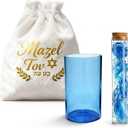 3pcs Jewish Wedding Chuppah Breaking Glass Jewish Gifts for Couples, with Blue Glass, Souvenir Vessel, Drawstring Bag (Blue)