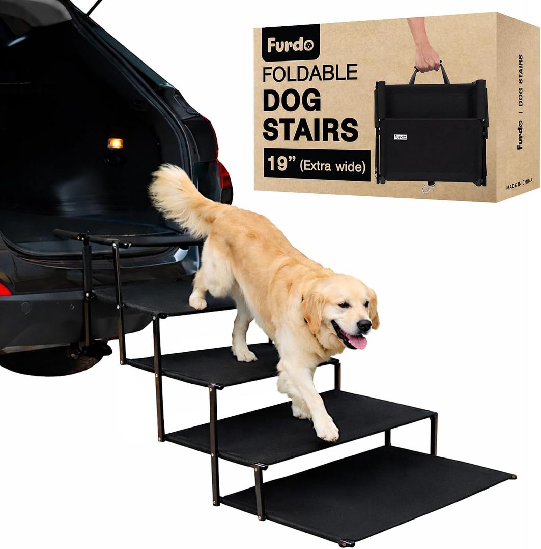 Dog Stairs for Large Dogs, for Medium Dogs, Foldable Dog Ramp for Car & SUV, Steps for Bed, Extra Wide Non-Slip Pet Steps for Car Side Door, Truck & High Beds, Portable & Adjustable - 19" Wide