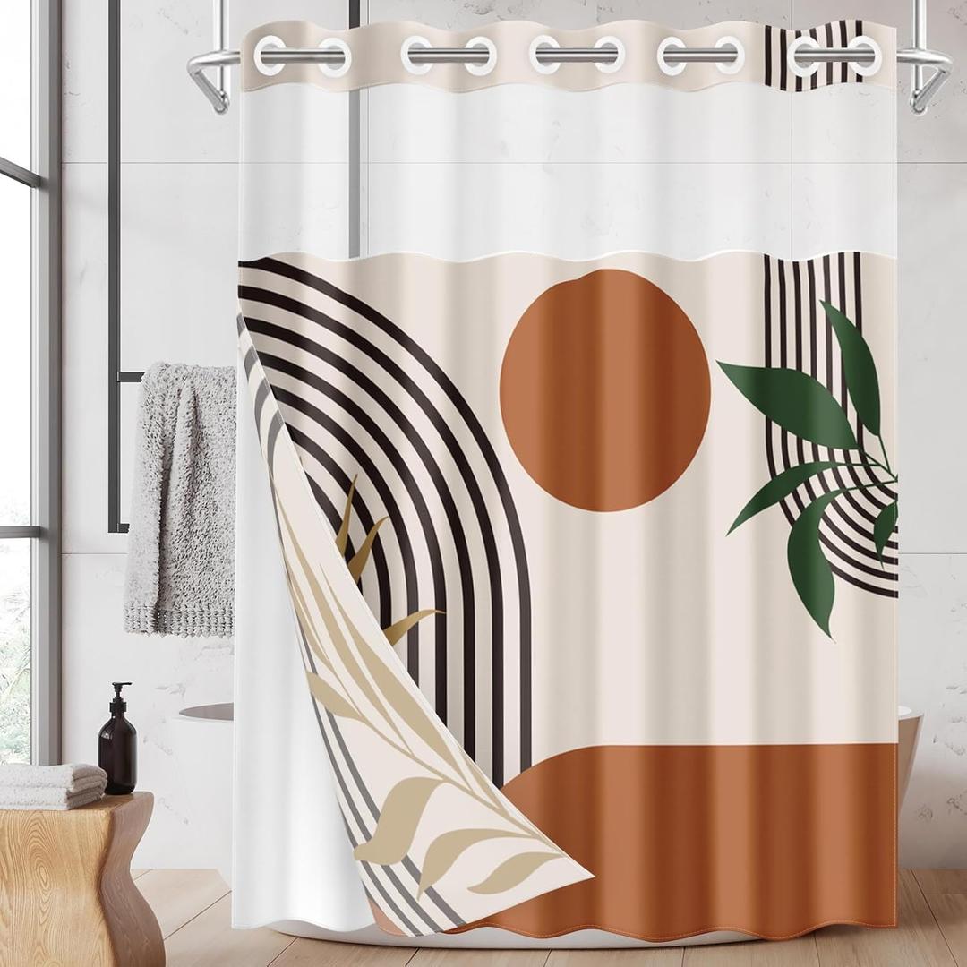 No Hook Geometric Leaf Boho Shower Curtain with Snap in Fabric Liner Set, Double Layers Waterproof with See Through Top Window Bath Curtain 71x74 Inch