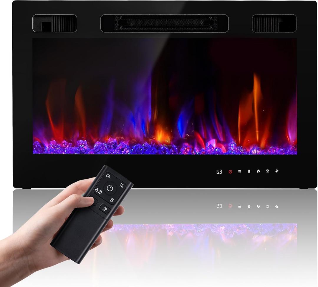 Electric Fireplace Insert 36" Realsmart 1500W Wall Mounted Fireplaces Recessed Heaters Remote Control Slim Black Fireplace Touch Screen Timer 12 Flame Colors LED Decor Low Noise