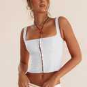 LAGSHIAN Women's Sleeveless Square Neck Double Layer Crop Top Central Single Row Clasp Trendy Tank Top (White, L)